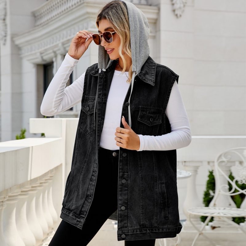 Retro Denim Vest Coat Hooded Detachable Loose Casual Women - Image 3