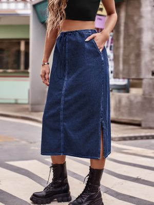 Women Clothing Half Elastic Waist Drawstring Denim Midi Skirt