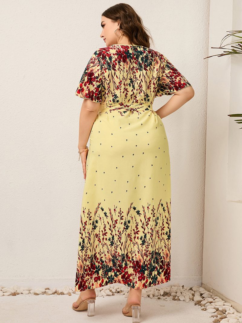 Plus Size Ladies  Bilateral Positioning Printed V-neck Lace up Casual Holiday Swing Dress - Image 3