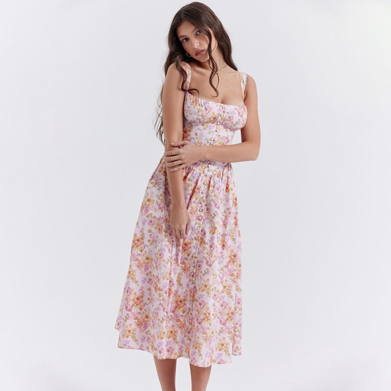 Women Clothing Dress Square Collar Cami Dress Slim Fit Backless Sweet Spicy Wind Maxi Dress Summer Floral Dress - Image 2