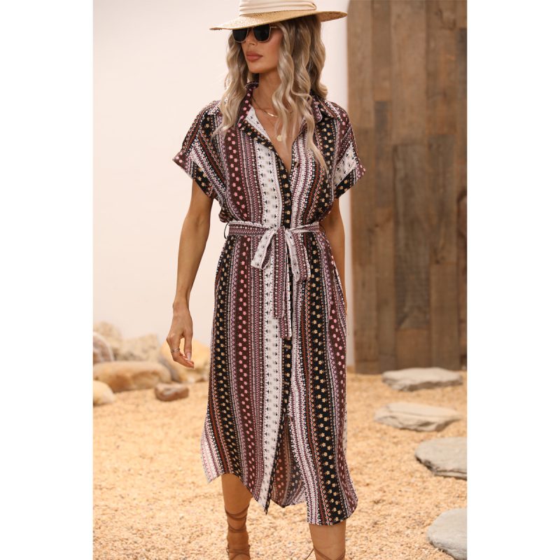 Dress Geometric Abstract Pattern Print Lace Up Dress - Image 2