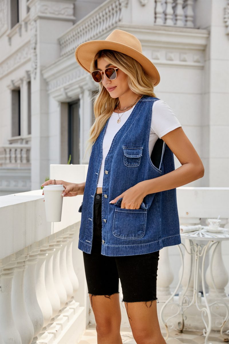 Denim Waistcoat Vest Multi Pocket Personalized Spring Autumn Washed Waistcoat Women - Image 3