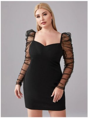 Plus Size Autumn Winter    Women Clothing Personality Sheath Mesh Long Sleeve Dress