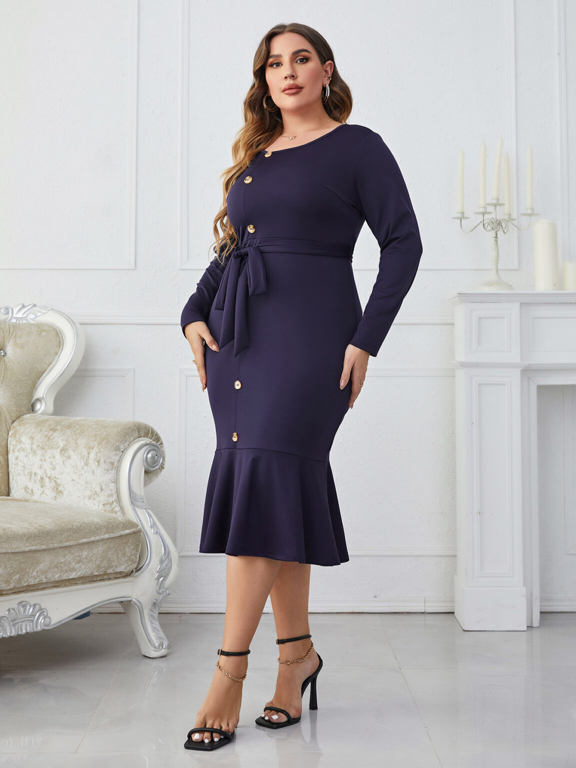 Popular Long Sleeve Series Belt Long Sheath Fishtail Dresses - Image 3