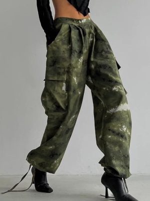 Women   Clothing Spring/Summer Trendy Camouflage Printing Pocket High Waist Tooling Pants Ankle Tied Trousers for Women