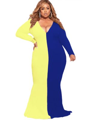 Plus Size Plus Size Color Contrast Patchwork V-neck Slim-Fit Long Sleeve Women Maxi Dress