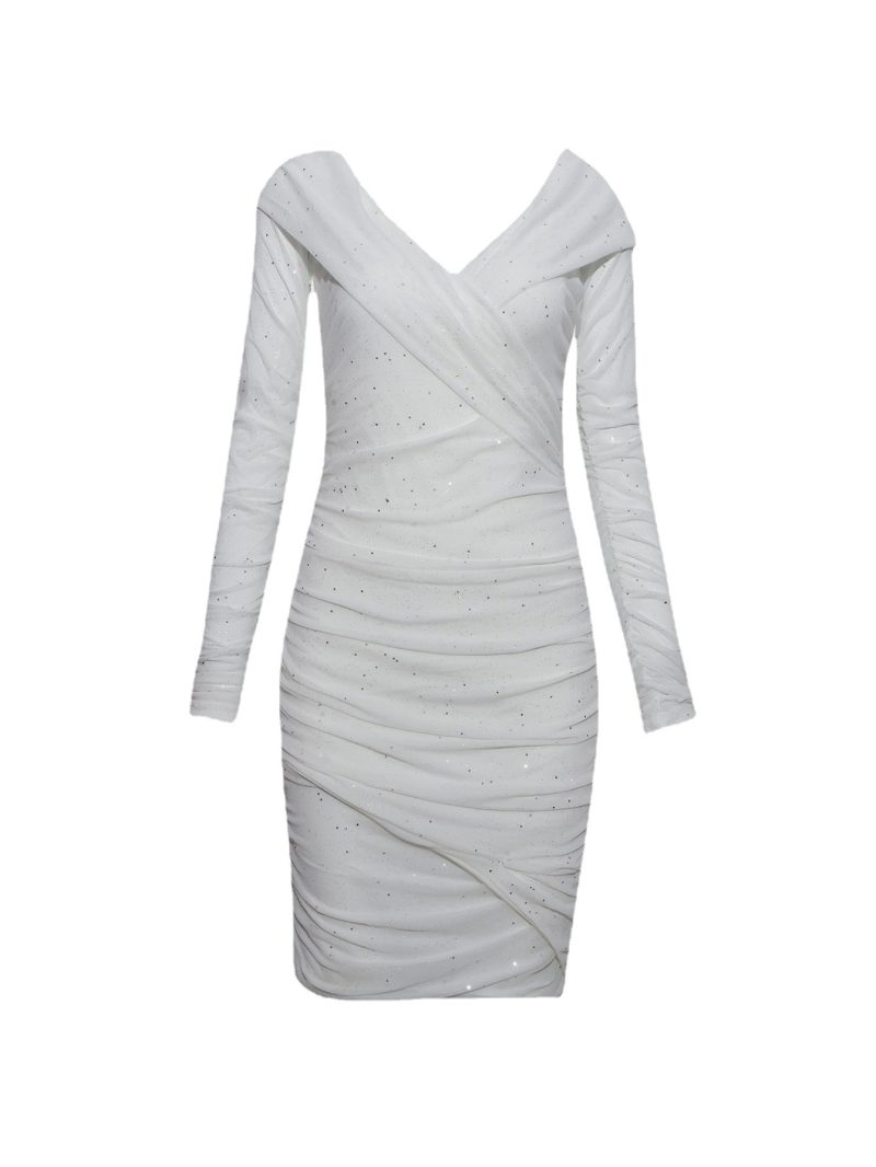 Autumn Winter Sexy Deep V Plunge Evening Dress Dusting Powder off Shoulder Sheath Sexy Long Sleeve Dress - Image 3