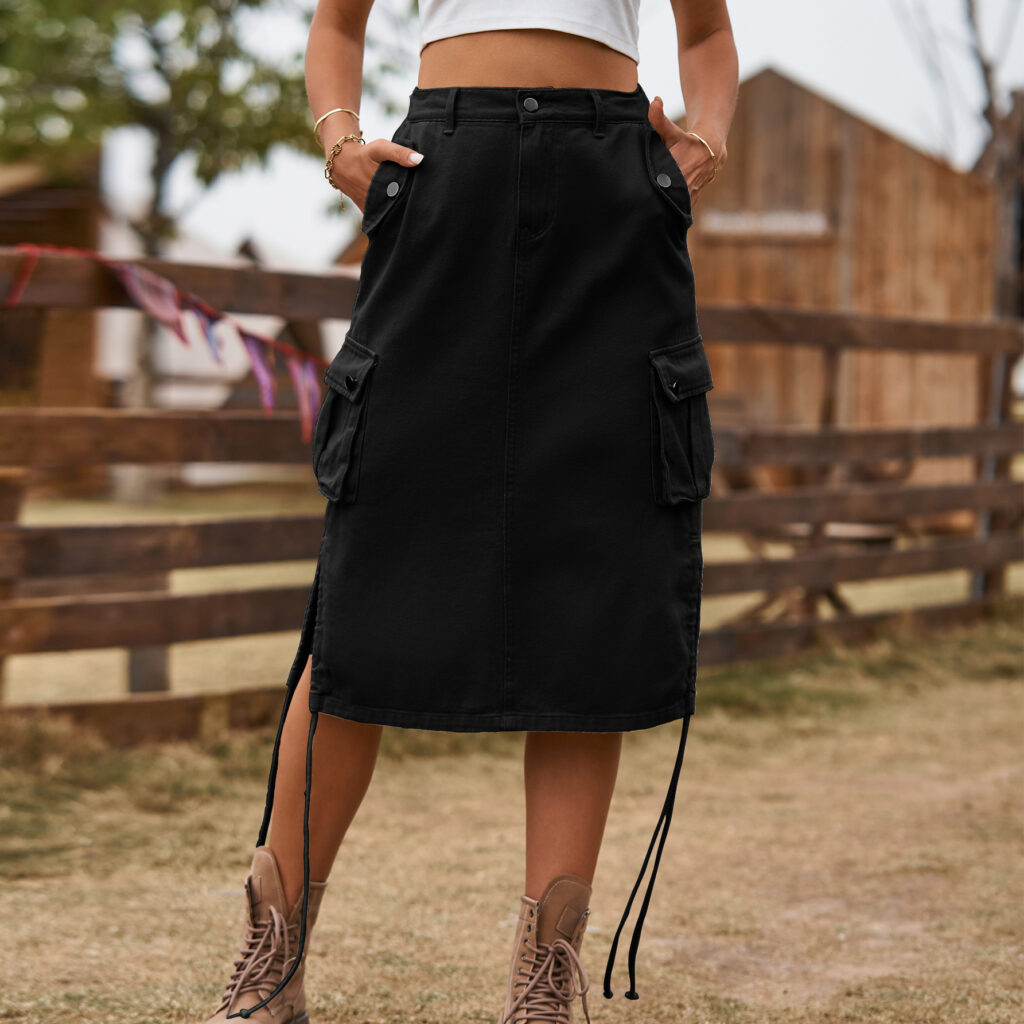 Women Clothing Denim Lace Up Skirt Casual Mid Length Skirt - Image 4