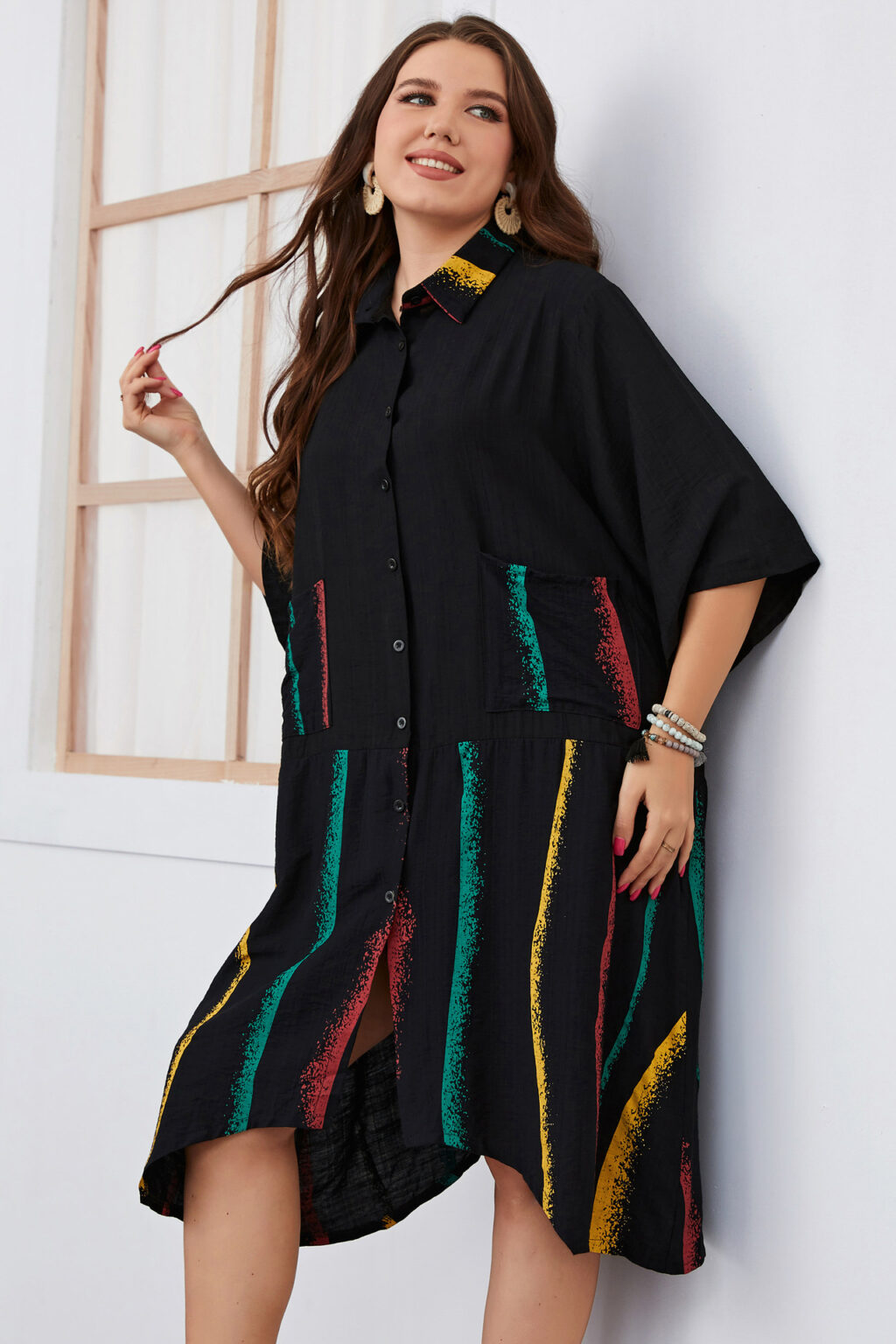 Plus Size Irregular Asymmetric Chubby Girl Dress Black Office Solid Color Woven Collared Women Half Sleeve Dress - Image 3