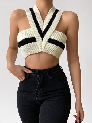 V neck Knitted Vest Striped Halter Cropped Slimming Short Top Women Crisscross