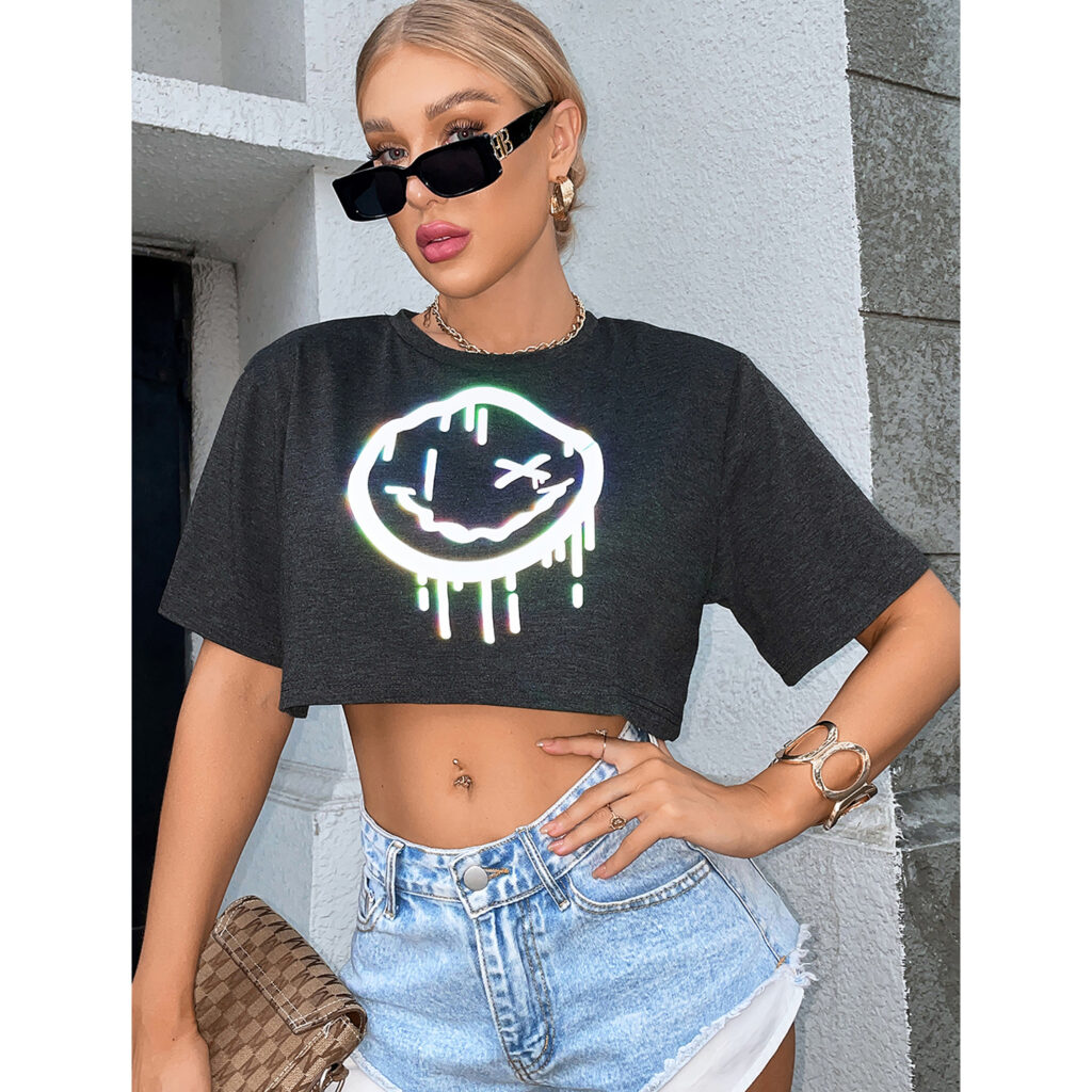Cute Smiley Face Women Clothing Spring Summer All-Match Trendy Smiley Printed Reflective Short-Sleeved T-shirt - Image 2