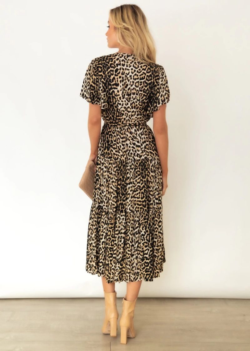 Exclusive for Leopard Print V neck Short Sleeve Belt Pleated Dress for Women - Image 5