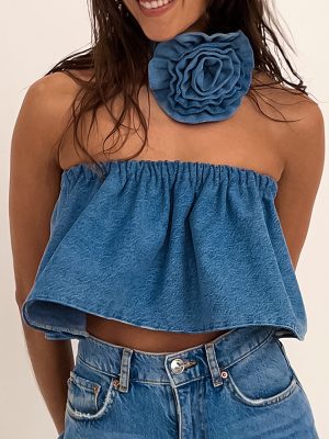 Women Clothing Spring Summer off Shoulder Short Floral Sexy Denim Tube Top