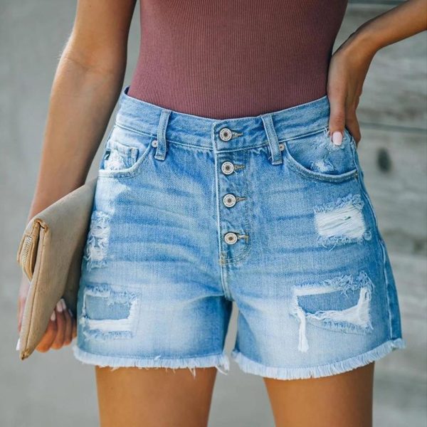 Women Clothing New Hole Patch Tassel Special One Breasted Denim Shorts  Pants - Image 2