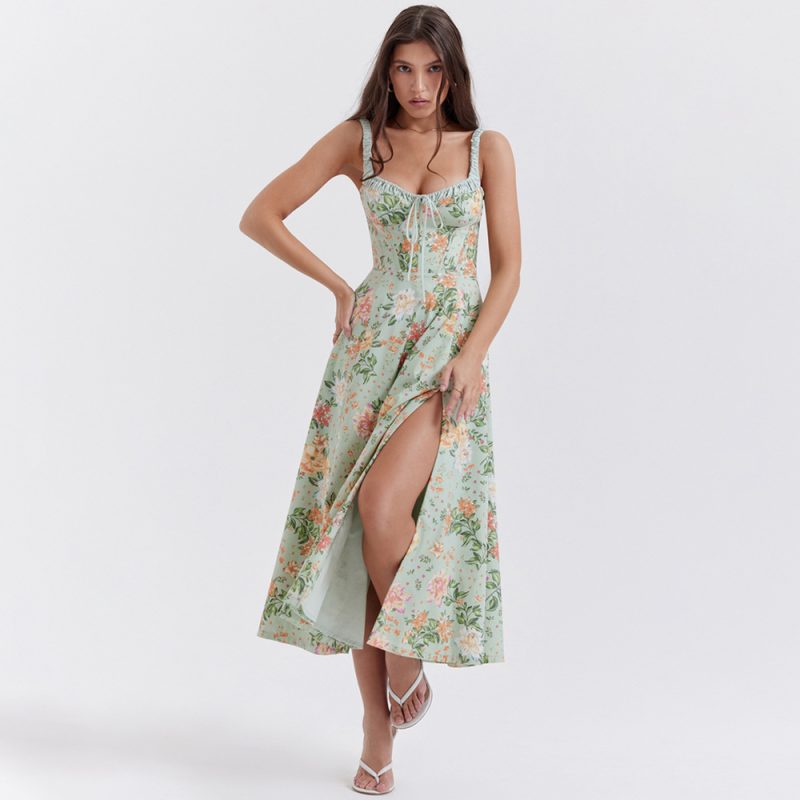 Summer Women Clothing Floral Slip Dress Sexy Backless Slit Mid Length Vacation Dress for Women - Image 2