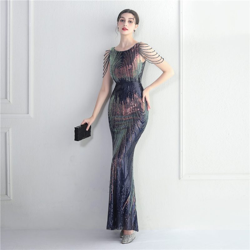 Positioning Floral Sequin Craft Beaded Sexy Party Dinner Ceremony Concert Maxi Dress Evening Dress - Image 5