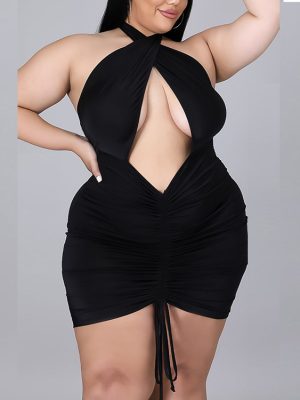 Plus Size Women Clothes Retro Slim Fit Waist One-Step Dress Office Halter Tube Top Dress