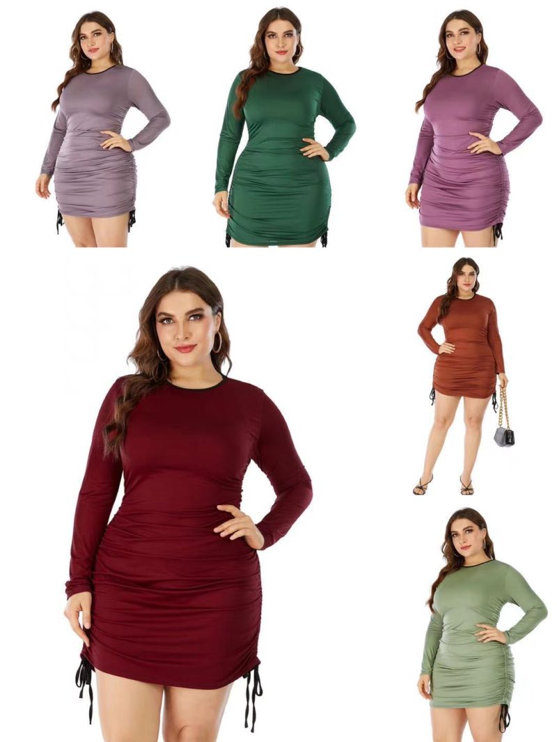 Plus Size Spring Summer  Women Clothes round Neck Long Sleeve Color Matching Drawstring Bag Hip Dress - Image 5