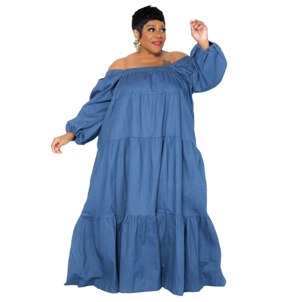 Plus Size Solid Color Denim Fabric Soft Women Swing Ruffled off-the-Neck Dress for Women - Image 3