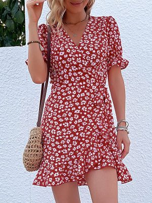 Summer Women Clothing Ruffled One Piece Floral Dress