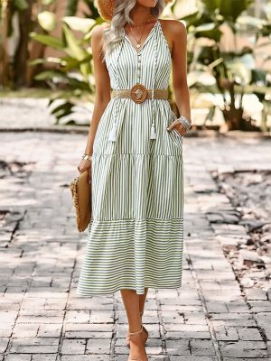 Design Dress Office Sleeveless Striped Dress