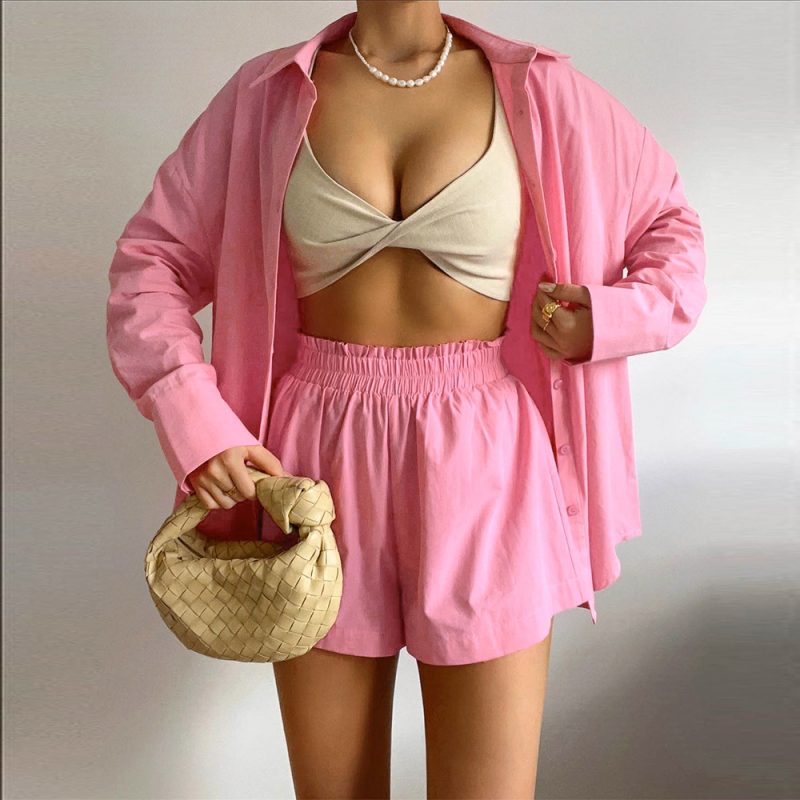 Single Breasted Collared Shirt Shorts Loose Casual Two Piece Suit Women - Image 2