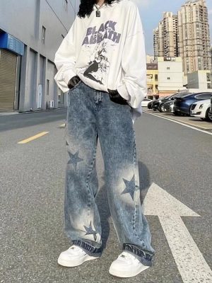 Wide Leg Pants Denim Pants Casual Printed All Matching Jeans Women Clothing