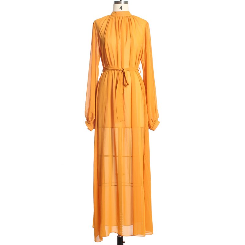 Women Clothing Fashionable Loose All Match Casual See Through Long Puff Sleeve Lacing Chiffon Dress - Image 5