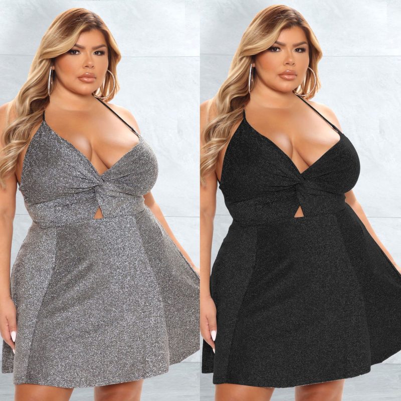 Plus Size Women Clothing  Sexy Strap Dress Lace-up Backless Silver String Short Dress Women - Image 3