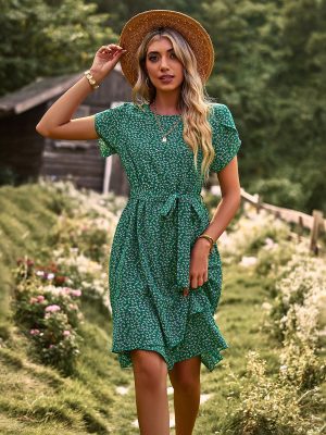 Round Neck Casual Dress Summer Lace Up Waist Controlled Women Clothing