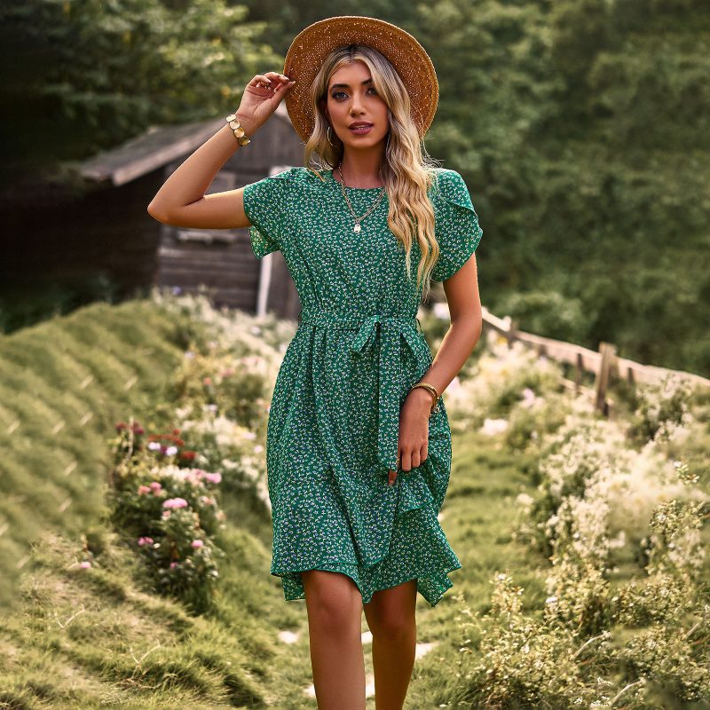 Round Neck Casual Dress Summer Lace Up Waist Controlled Women Clothing
