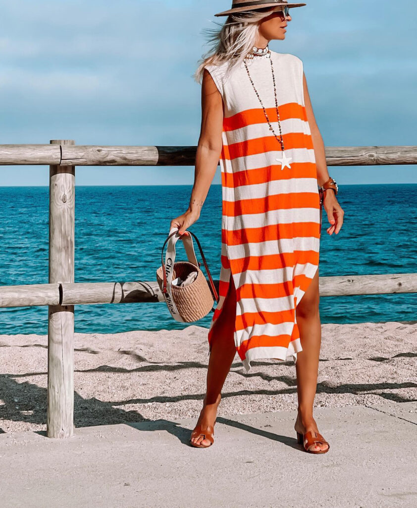 Ladies Vacation Fresh Bold Stripes Sleeveless Knitted Dress Maxi Dress - Image 3
