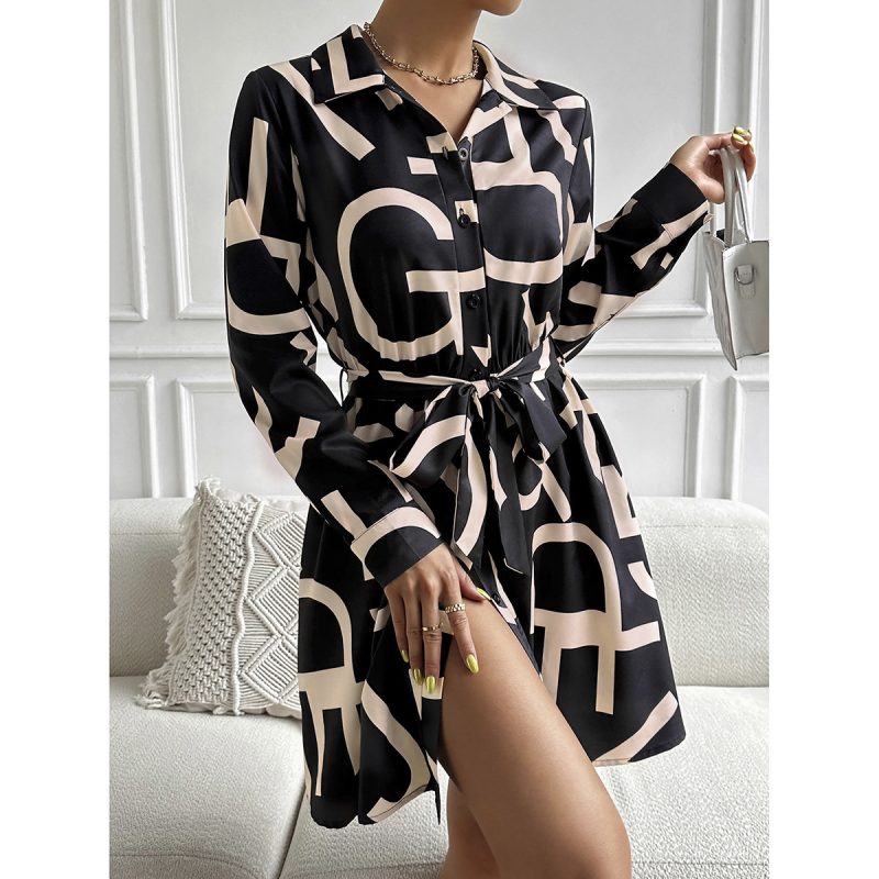 Dress Women Spring Summer Office Contrast Color Long Sleeves - Image 2