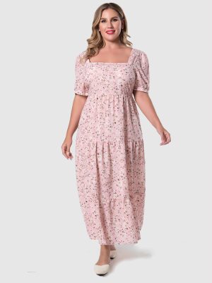 Plus Size Women U Collar Puff Sleeve Floral Dress Sweet Waist Trimming Maxi Dress