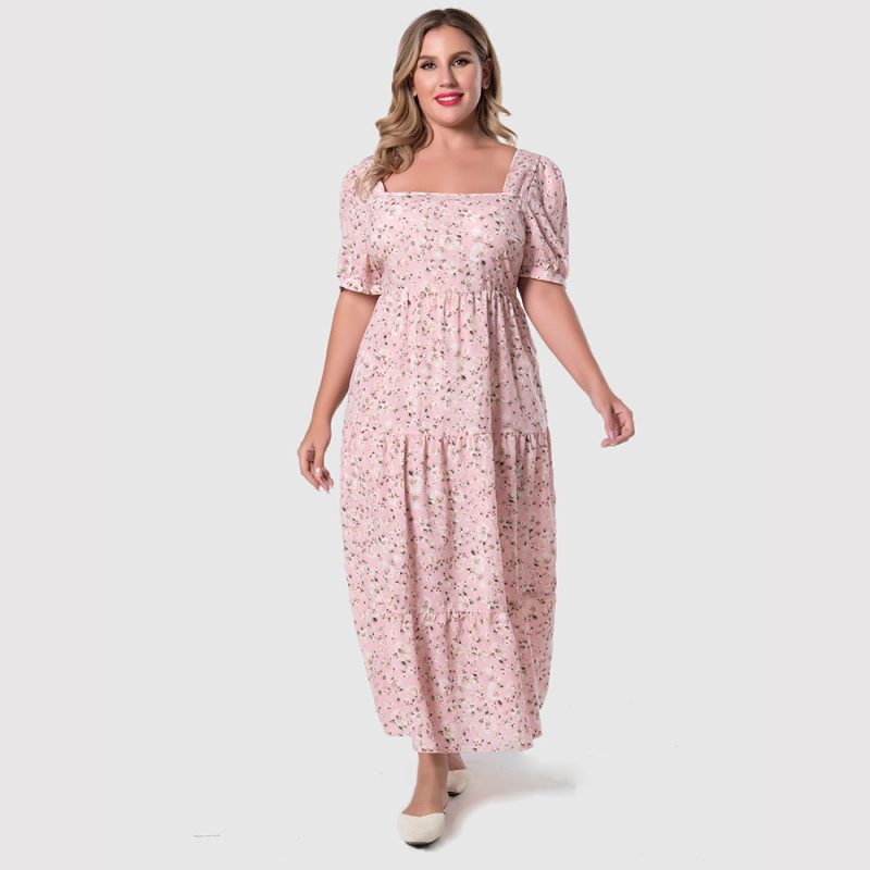 Plus Size Women U Collar Puff Sleeve Floral Dress Sweet Waist Trimming Maxi Dress