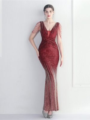 Craft Beaded Sequined Car Model Exhibition Host Dinner Women Long Evening Dress Fishtail Dress