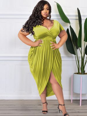 Plus Size Solid Color Deep V Plunge Plunge Sexy Tight Split Long Women Dress