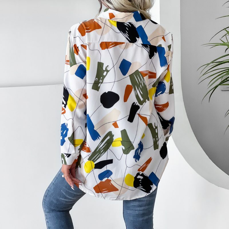 Women  Clothing Collared Print Shirt Long Sleeve Geometric Abstract - Image 4
