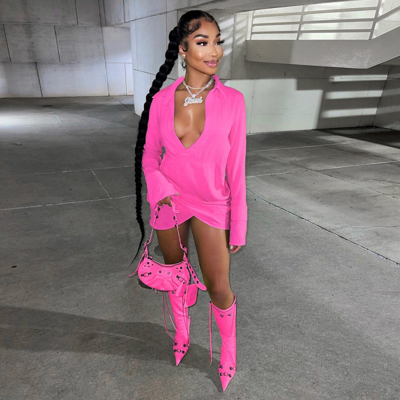 Fall Wome Clothing Sexy Pleated Criss Cross Shirt Dress Women Clothing - Image 3