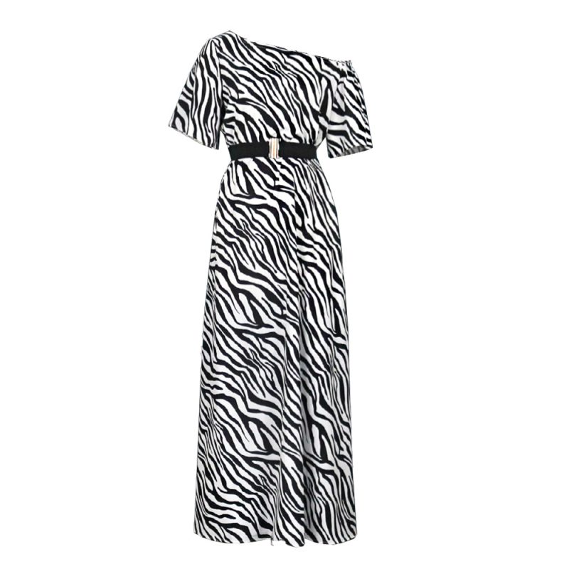 Sexy Oblique Shoulder Short Sleeve Leopard Print with Belt Slim Fit Party Large Swing Dress Women Dress Maxi Dress Dress Dress - Image 5