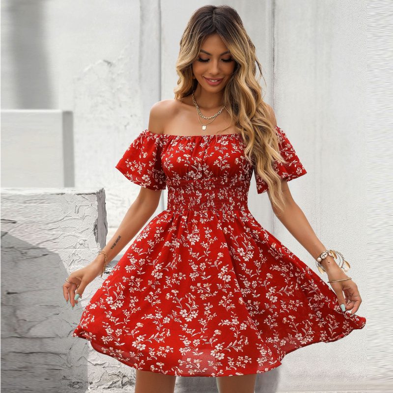 Summer Floral off-the-Shoulder A line Dress Slim Fit off-Neck Mid-Length Floral Dress