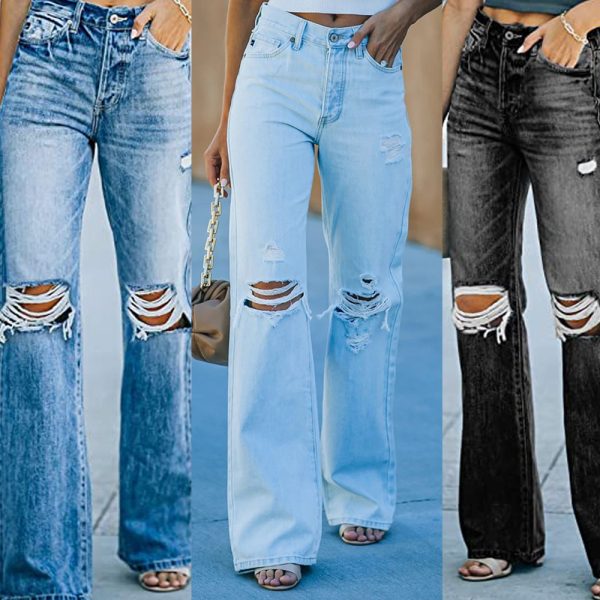 Summer High Waist Water Washed Hole Casual Denim Trousers - Image 5