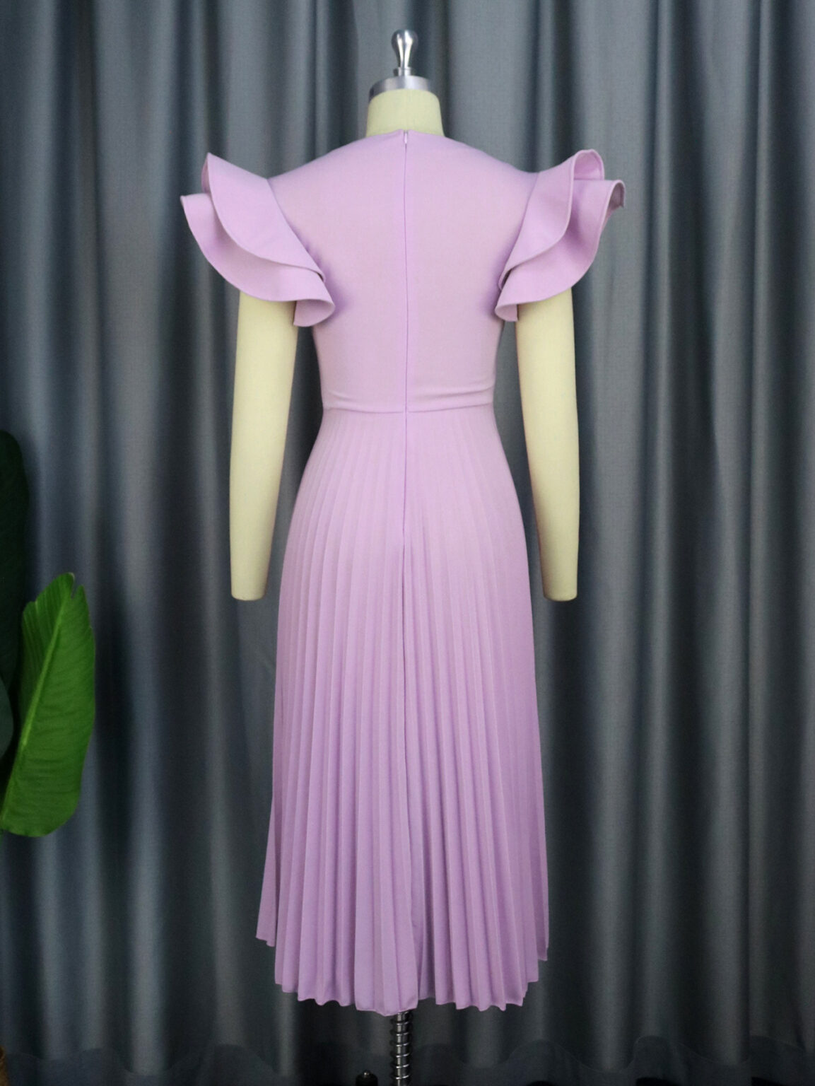 Spring Autumn Light Purple Square Collar Dress Elegant Graceful Casual Office Pleated Dresses - Image 4