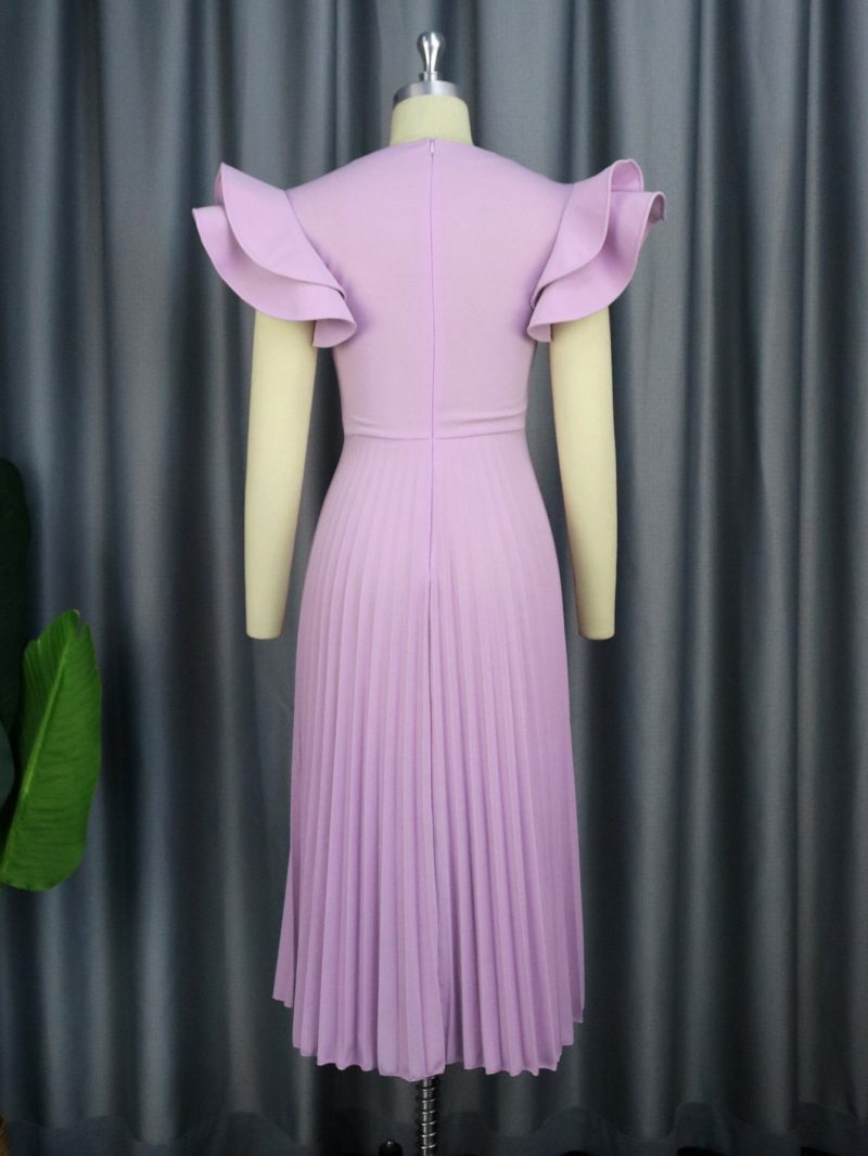 Spring Autumn Light Purple Square Collar Dress Elegant Graceful Casual Office Pleated Dresses - Image 4