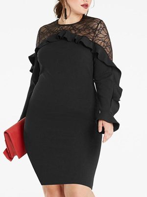 Plus Size Dress Women Body Shaping Sexy Hip Dress Lace See hrough Patchwork Ruffled