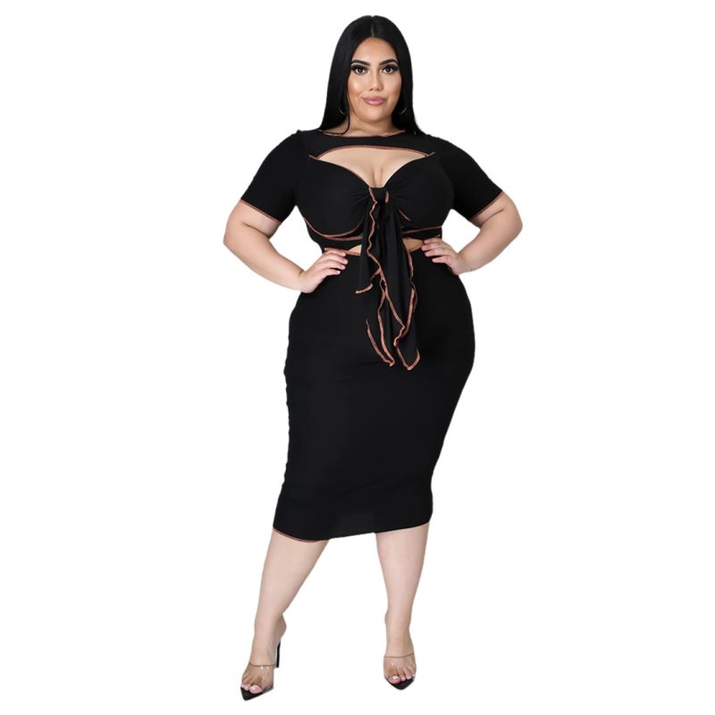 Plus Size Women Solid Color Reverse Side Hollow Out Cutout out Strap Dress - Image 4