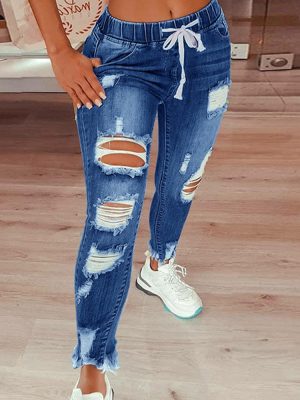 New Arrival  Washed Drawstring Ripped Jeans Casual Street Hipster Jeans for Women