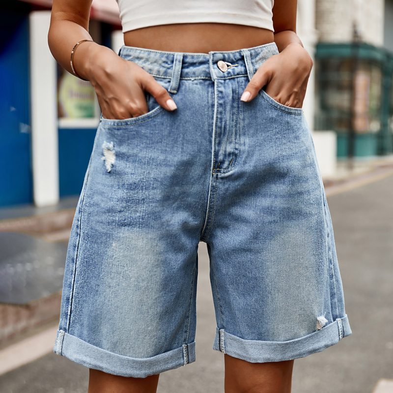 Women Clothing Trade Ripped Curling Five Point Denim Shorts Casual Pants - Image 2
