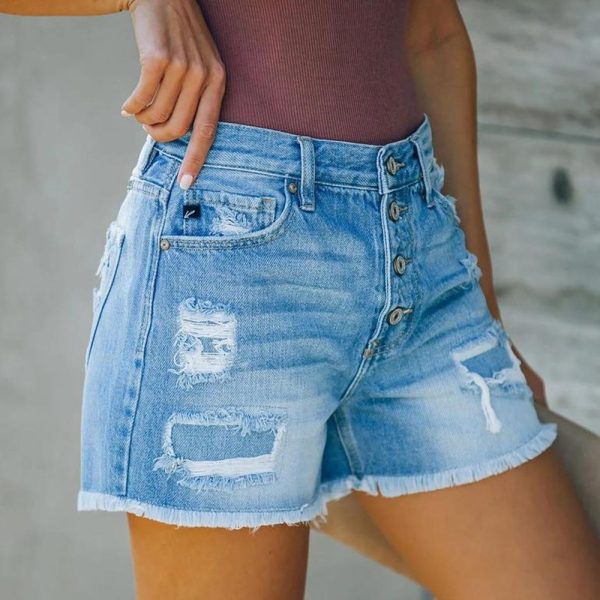 Women Clothing New Hole Patch Tassel Special One Breasted Denim Shorts  Pants - Image 4