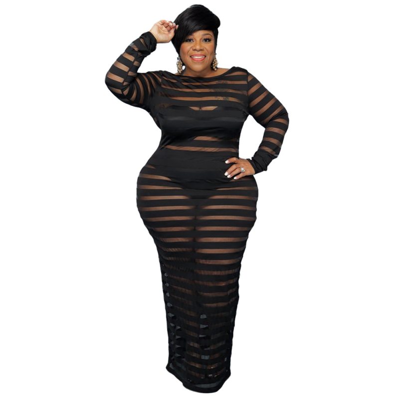 Plus Size Autumn New Sexy Women Clothing Breathable Mesh Stitching Solid Color Dress Nightclub Dress - Image 5